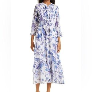 Banjanan Brenda Blue Pintuck Long Floral Dress tiered jubilee XS women's